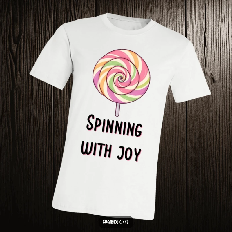 Funny lollipop t-shirt with a swirling pattern, spinning with excitement, vibrant and energetic, excellent funny gift.