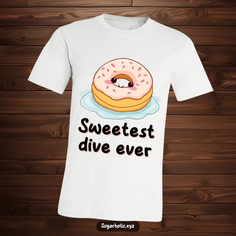 Funny t-shirt showcasing a delighted donut character gleefully swimming in a luxurious pool of smooth frosting, celebrating pure bliss.