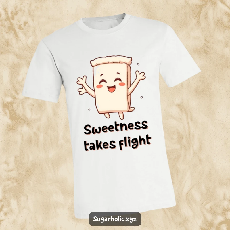 Funny T-shirt with a smiling sugar packet character performing an energetic leap, embodying pure joy and delight.