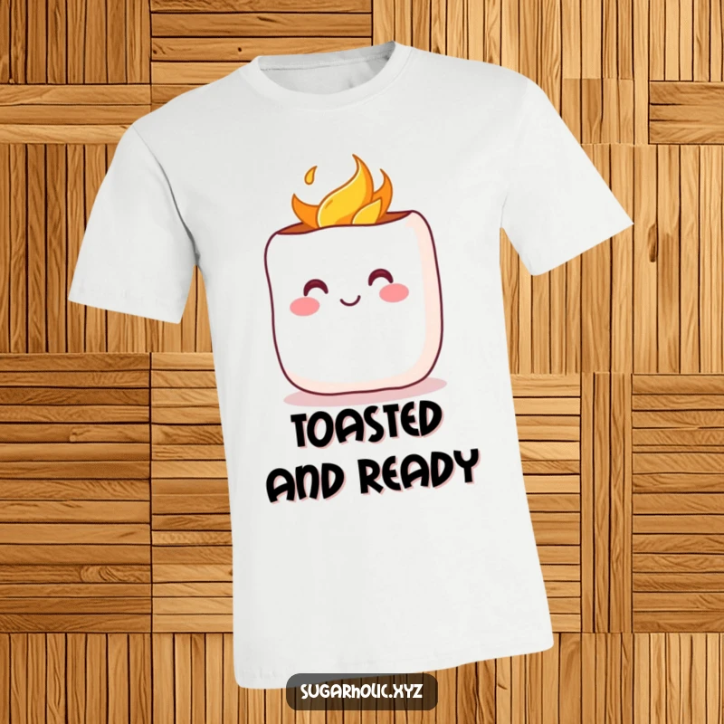 Funny T-Shirt: A cheerful marshmallow with a rosy blush, captured mid-toast, symbolizing warmth and happiness.