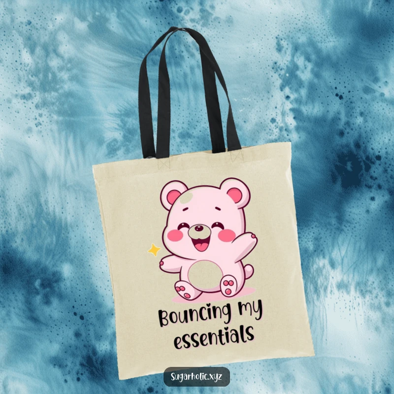 Funny tote bag illustrating a grinning gummy bear in an energetic bounce, perfect for carrying items with a fun and vibrant flair.
