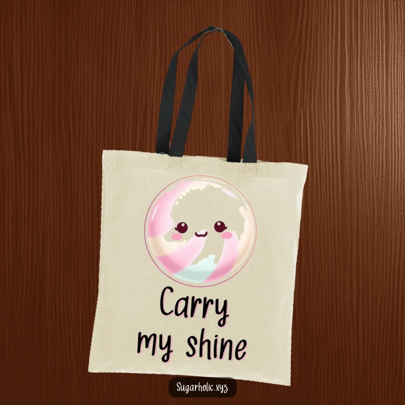 Funny Tote Bag: Features a beaming hard candy with a shimmering surface, perfect for carrying essentials with a sparkling touch.