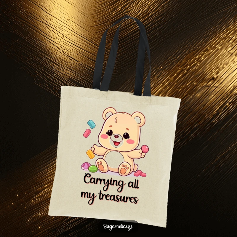 Funny Gummy Bear Tote Bag: A silly gummy bear with a sticky grin juggles colorful candies, showcasing a hilarious and fun design.