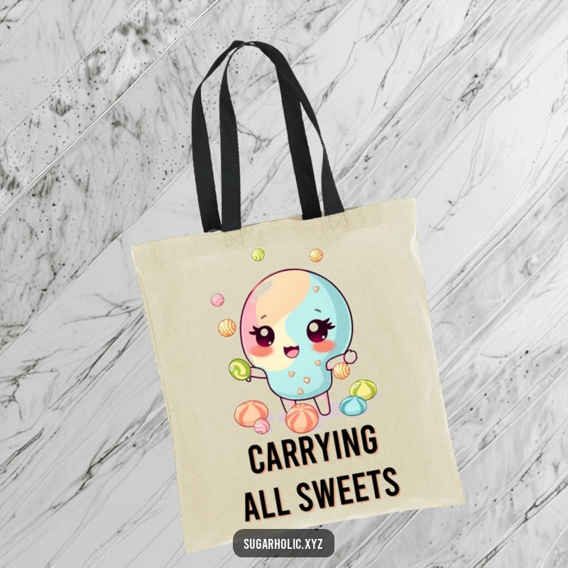 Funny Tote Bag: Winking candy piece juggling glittering candies, looking playful and stylish. Excellent funny gift.
