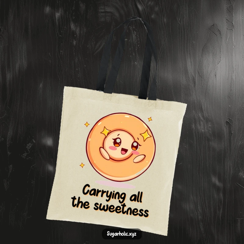Funny tote bag showcasing a happy caramel swirl character with starry eyes, captured in a delightful spinning motion.