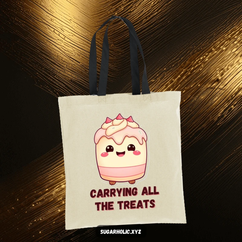 Funny Tote Bag: Plump cake character with a delighted expression and frosting drips, stylish and functional.
