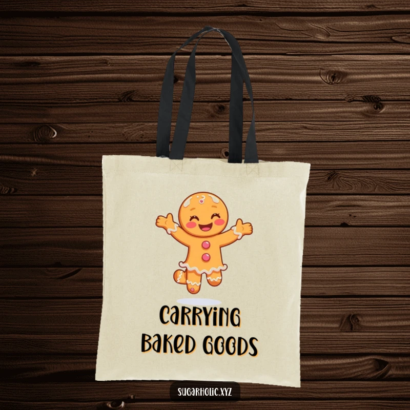 Funny tote bag with a smiling gingerbread man doing a joyful pirouette in sugar, perfect for holiday errands.
