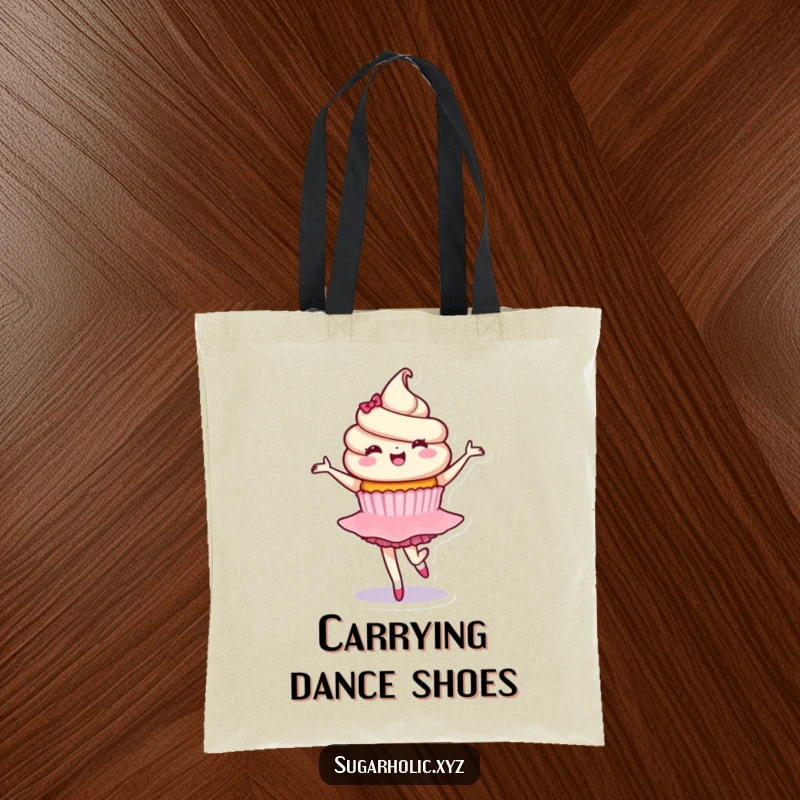 Funny tote bag with a delighted cupcake character in a graceful ballet twirl, perfect for carrying daily items with sweet and elegant flair.