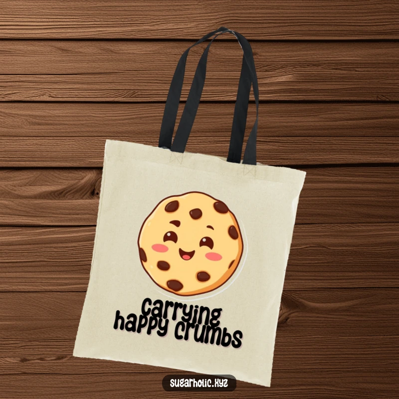 Funny tote bag depicting a cheerful chocolate chip cookie character with a warm smile, melting with happiness.