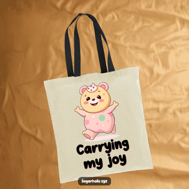 Funny cookie with a frosting smile bouncing on a giant gummy bear on a tote bag, perfect for a fun and quirky carryall.