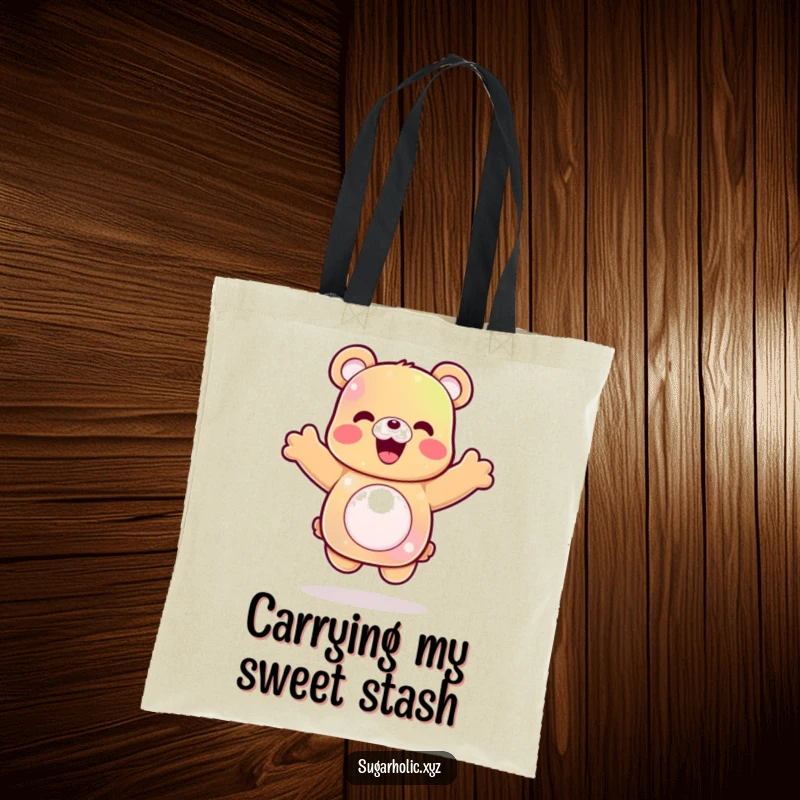 Funny gummy bear tote bag depicting a delighted character mid-celebratory jump, representing pure joy and excitement.