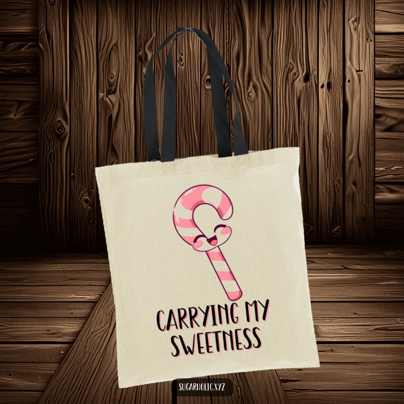 Funny candy cane tote bag with a slight bend, winking playfully, cheerful and festive, perfect for shopping, funny gift.