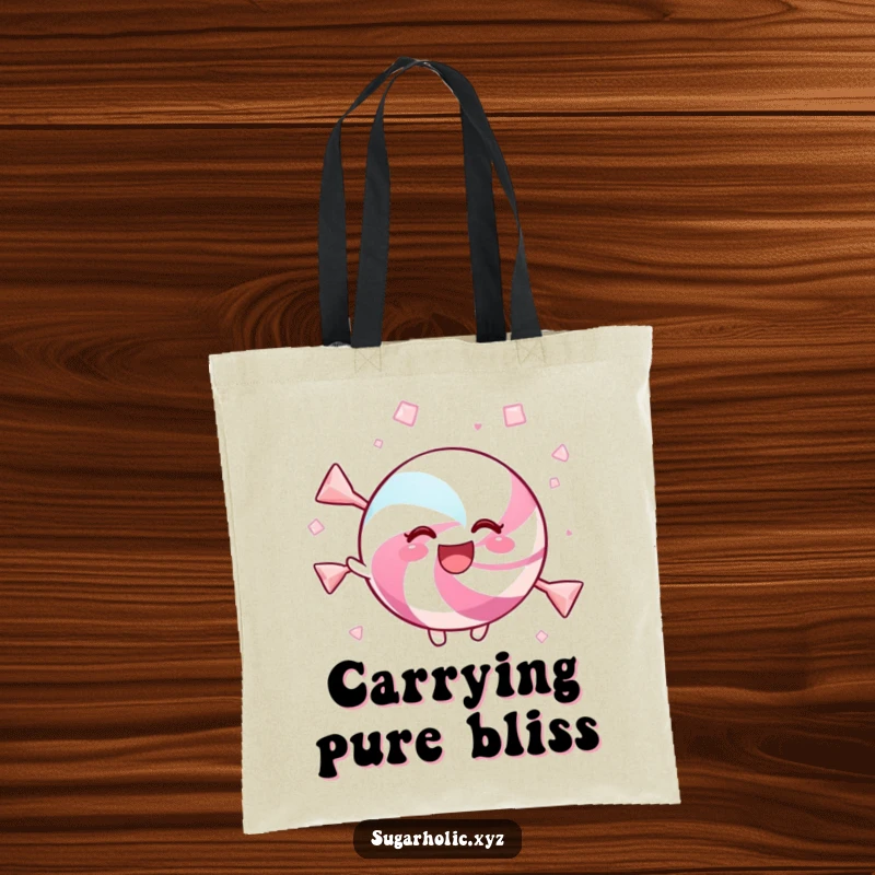 Funny tote bag with a delighted candy twirling in sweet crystals, great for everyday use.