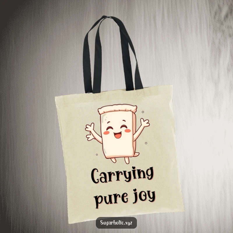 Funny tote bag depicting a smiling sugar packet character leaping with pure delight, carrying sweet energy.