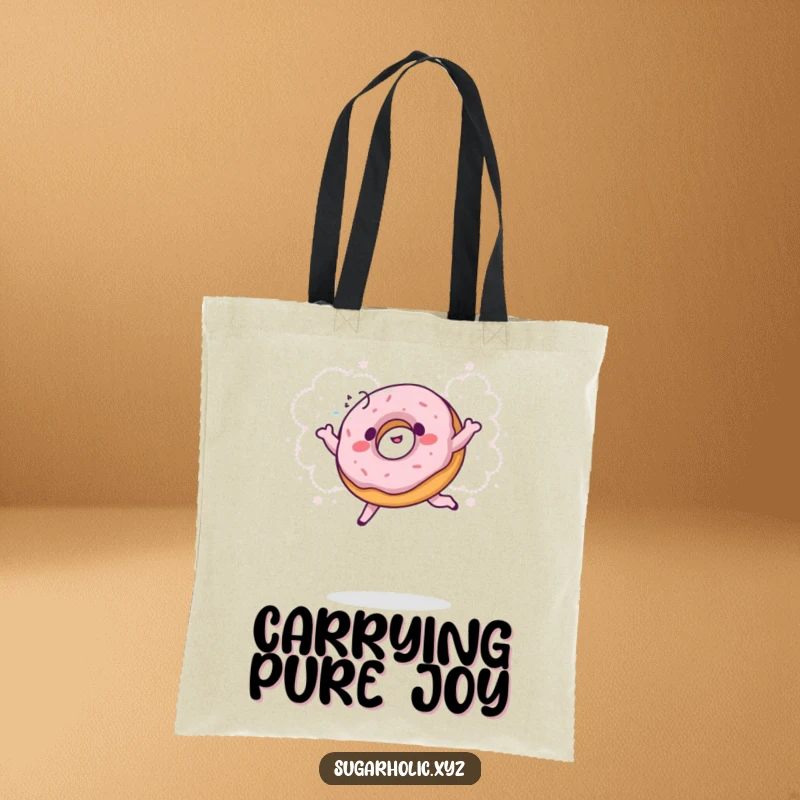 Funny donut tote bag with a giggling donut jumping into a cloud of powdered sugar, a stylish and humorous accessory for daily use.