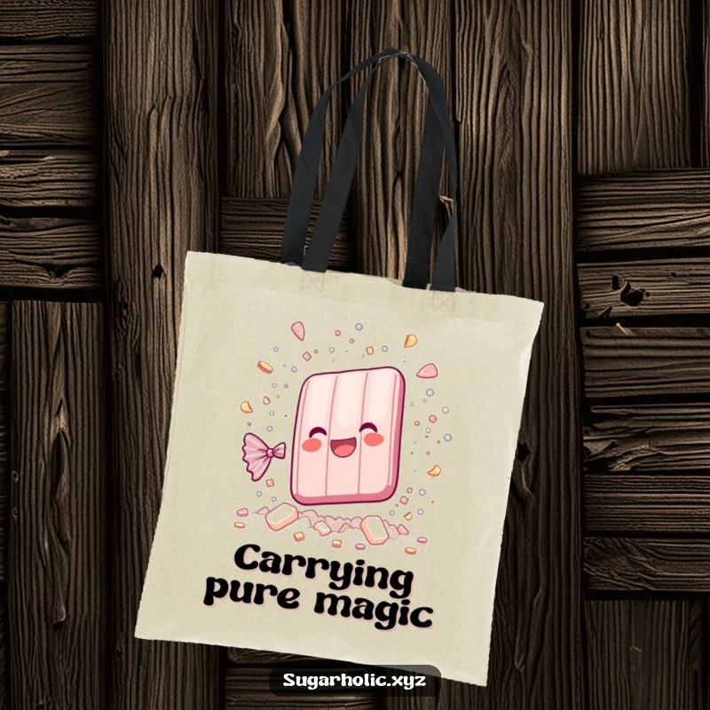 Funny whimsical candy bar shattering into sparkling sugar particles on a tote bag, perfect for a fun and dazzling carryall.