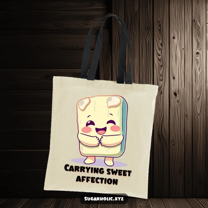 Funny tote bag with a happy, melting candy bar character giving a generous hug, spreading sweetness and cheer.