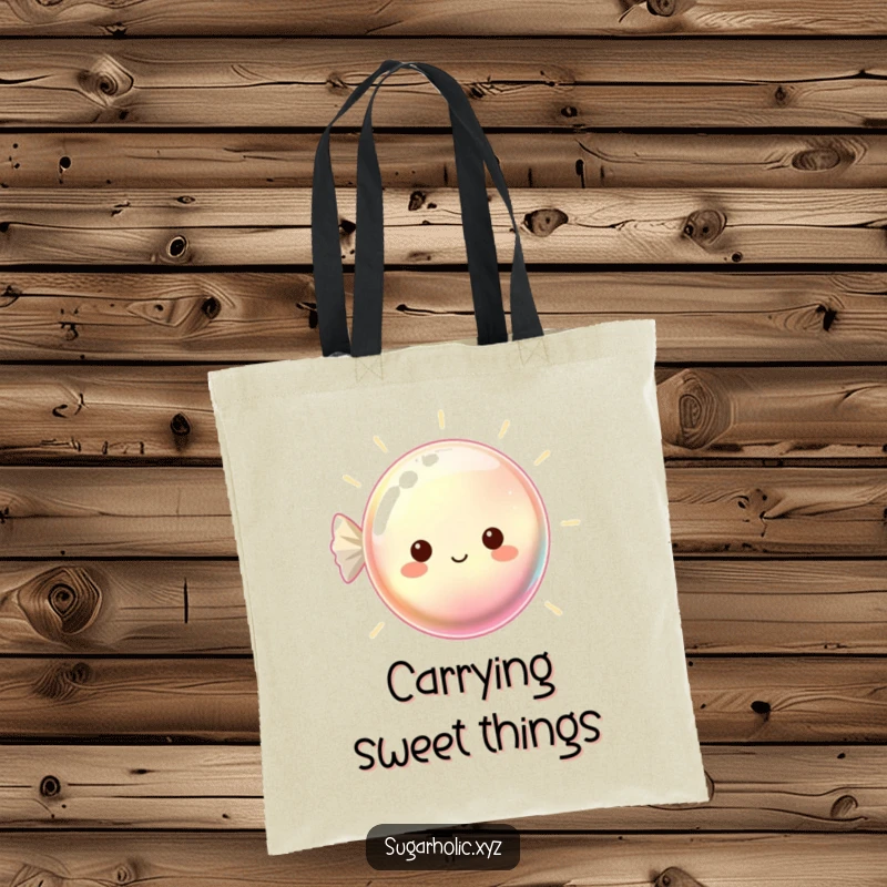 Funny tote bag with a beaming, shimmering hard candy, perfect for carrying necessities with dazzling style.