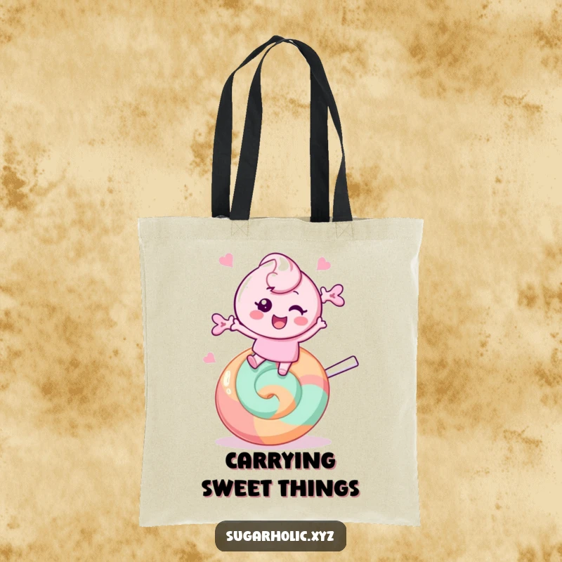 Funny Tote Bag: Cheerful candy character bounces on a giant lollipop, perfect for carrying goodies with sweet style.