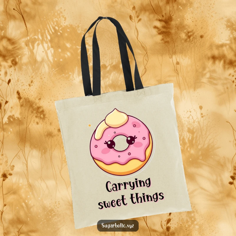 Funny Tote Bag showcasing a beaming donut character with slightly melting frosting, perfect for carrying essentials and treats.