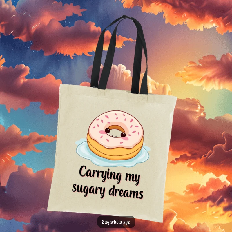 Funny tote bag featuring a happy donut character swimming happily in a rich pool of frosting, perfect for carrying fun.