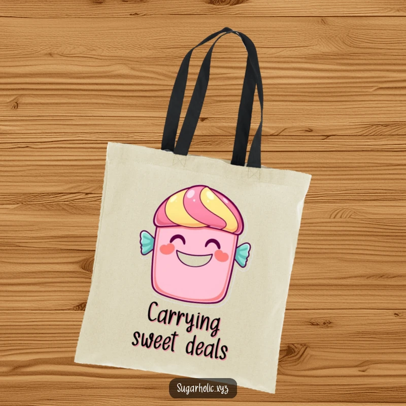 Funny candy bar tote bag featuring a cheerful character with a wide, sweet grin, representing pure sugary delight.