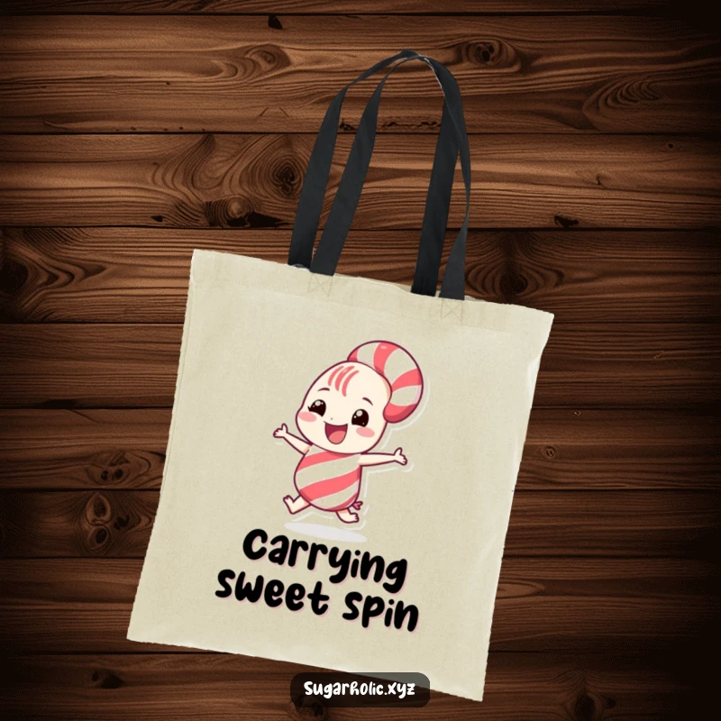 Funny grinning candy cane character doing a playful spin on a durable tote bag, perfect for holiday shopping.