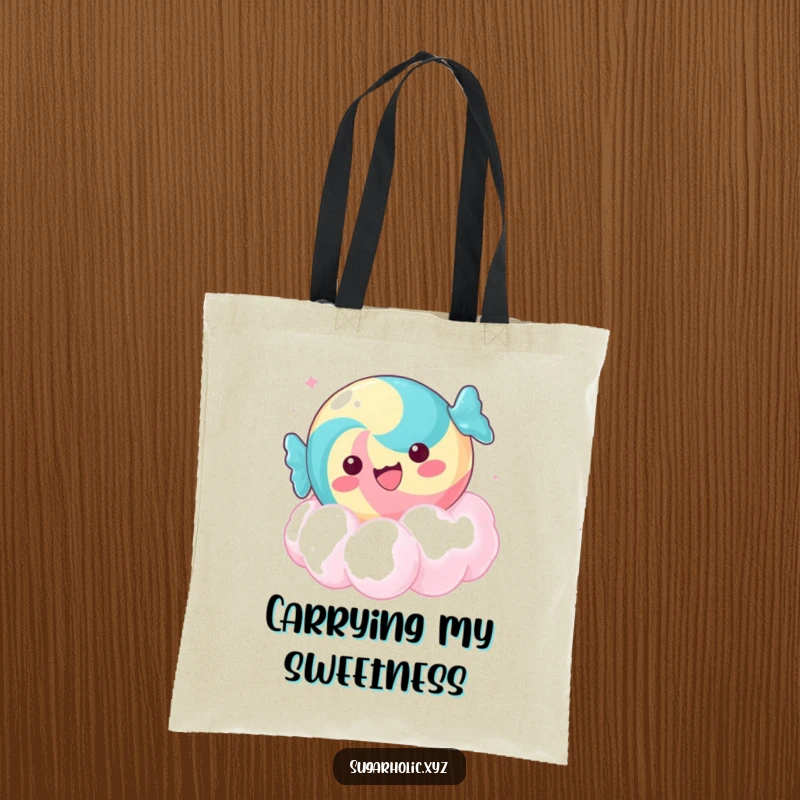 Funny delighted candy tote bag, floating on a sugar cloud, a humorous and practical accessory for carrying gifts.