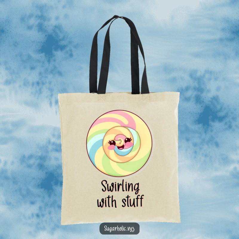Funny tote bag with a delighted candy swirl and a playful smile, perfect for carrying items cheerfully.