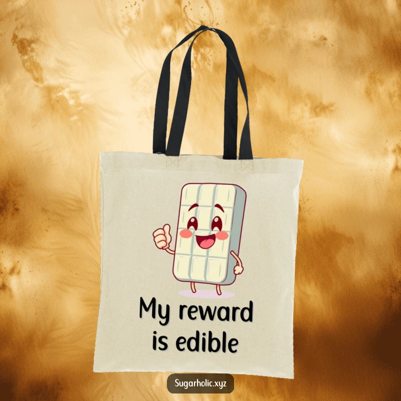 Funny tote bag featuring a smiling chocolate bar character delivering a powerful celebratory fist pump, symbolizing success.