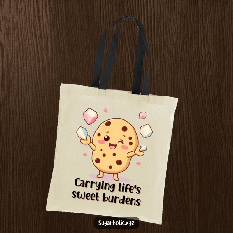 Funny tote bag featuring a happy cookie character juggling huge sugar crystals, ideal for grocery shopping or daily use.