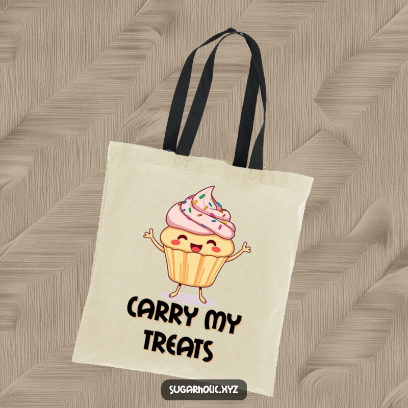 Funny Cupcake Tote Bag: A happy cupcake with sprinkles bounces and offers a bite, perfect for carrying items with a sweet design.