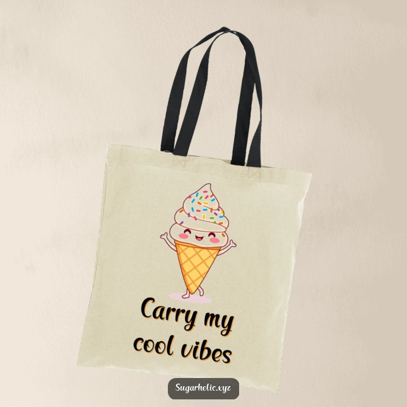 Funny ice cream cone tote bag featuring a happy, jigging cone with colorful sprinkles, a delightful and humorous accessory.