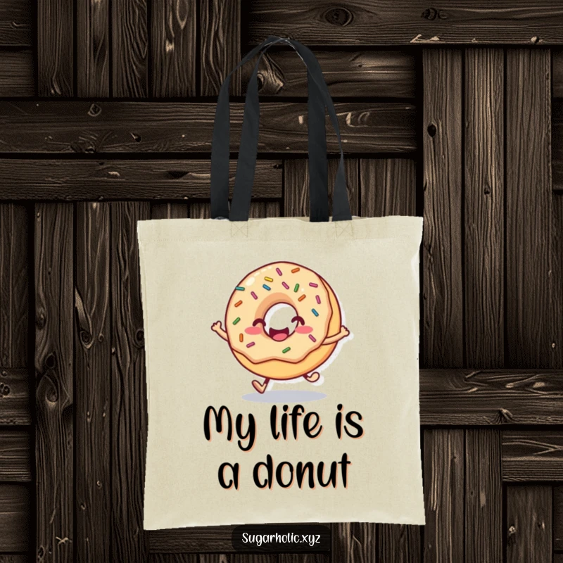 Funny donut tote bag with a smiling face and sprinkles, captured in a joyful hop, representing sugary delight.