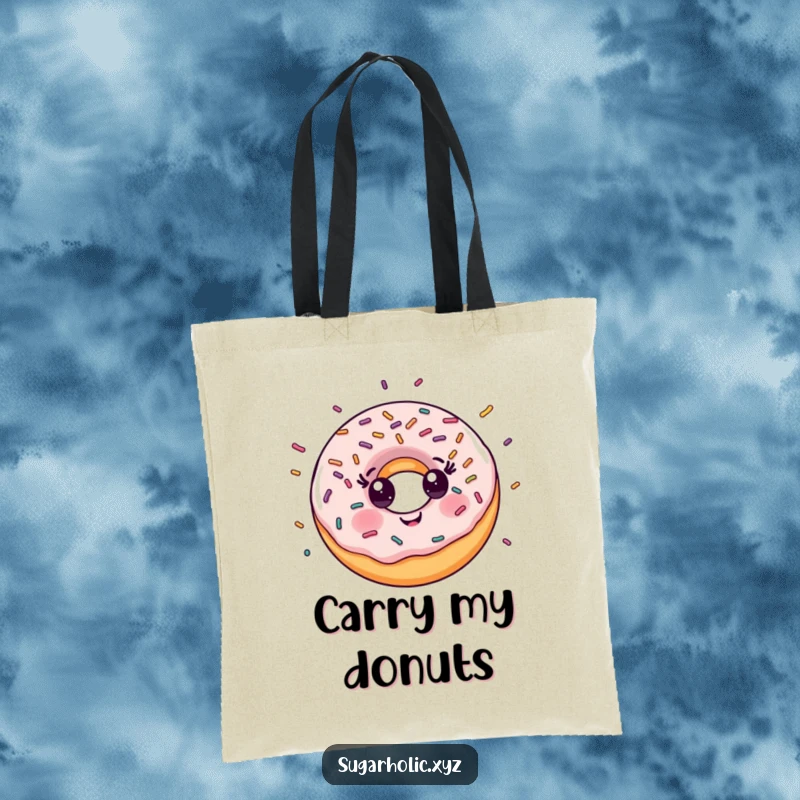 Funny Tote Bag: Smiling donut character with a delightful explosion of colorful sprinkles, perfect for carrying goodies.