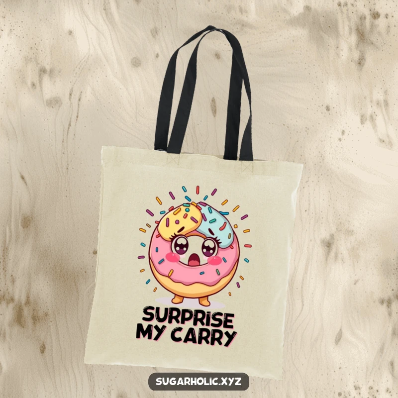 Funny Tote Bag featuring a surprised donut character with wide eyes surrounded by a dazzling explosion of sprinkles, perfect for carrying essentials.