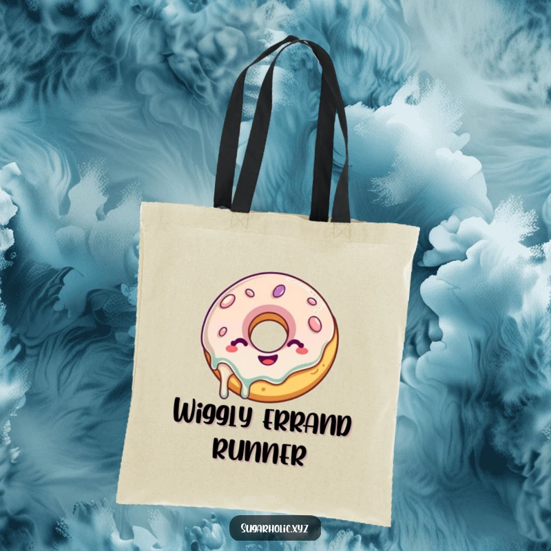Funny Donut Tote Bag: A delighted donut with a glaze drip wiggles with glee, perfect for carrying items with a sweet design.