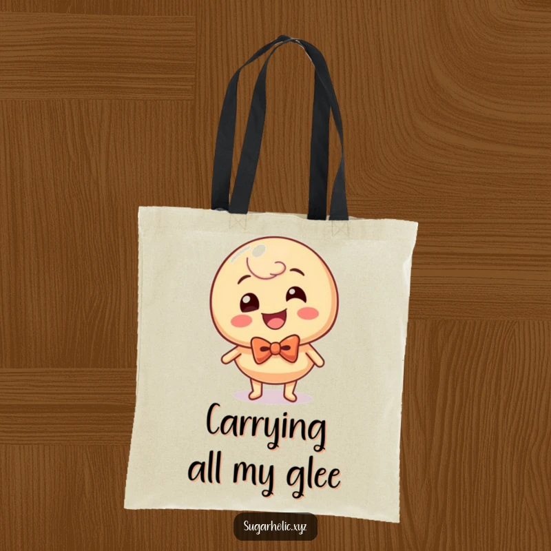 Funny caramel candy character in a bow tie, rolling with infectious glee on a durable and stylish tote bag.
