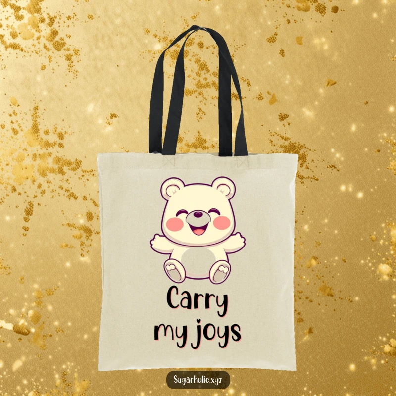 Funny Tote Bag: Features a grinning gummy bear in an energetic bounce, perfect for carrying essentials with playful flair.