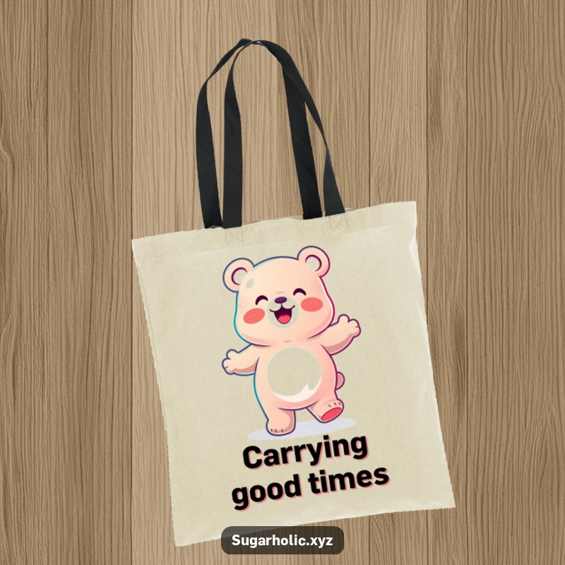 Funny Tote Bag showcasing a joyful gummy bear character doing a happy dance, perfect for carrying essentials with a cheerful vibe.