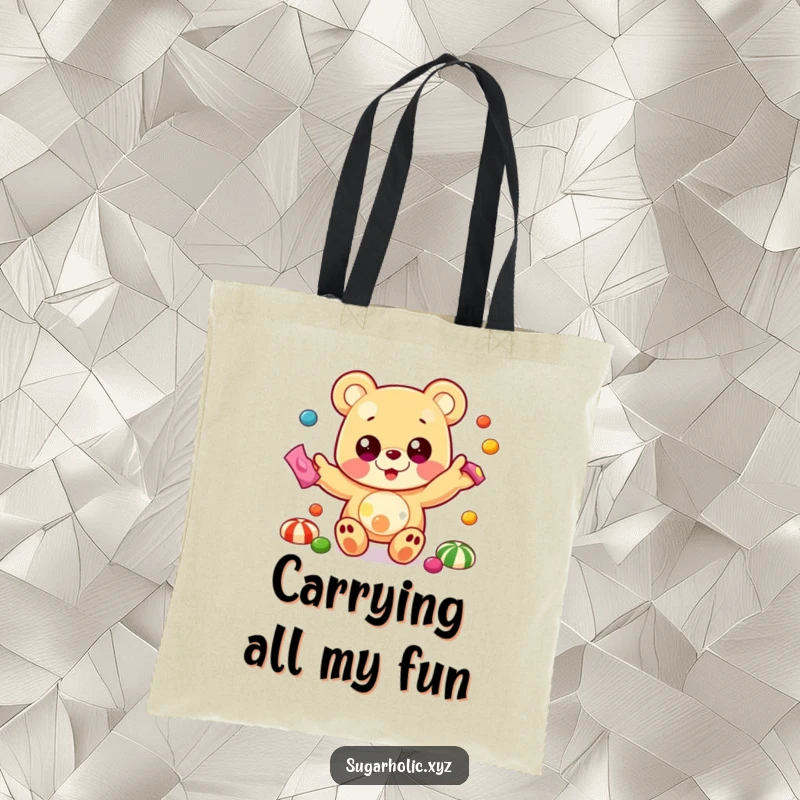 Funny tote bag depicting a beaming gummy bear with large eyes, juggling colorful candies in a whimsical, delightful display.