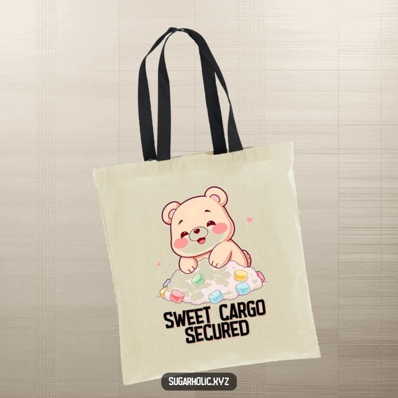 Funny tote bag with a blushing gummy bear happily diving into a pile of sugar, perfect for candy lovers.