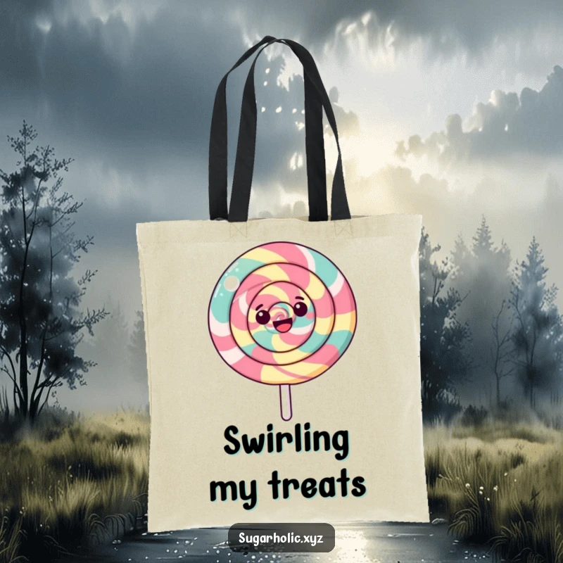 Funny tote bag illustrating a happy, swirled lollipop spinning, perfect for carrying items with a sweet and cheerful flair.