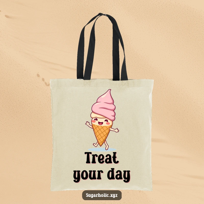 Funny ice cream cone character doing a happy jig, depicted on a practical and amusing tote bag.