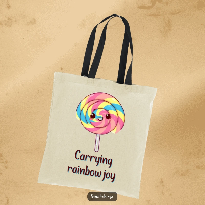Funny lollipop tote bag featuring a gleeful, rainbow-striped lollipop spinning rapidly. Ideal for carrying items and showcasing vibrant fun.