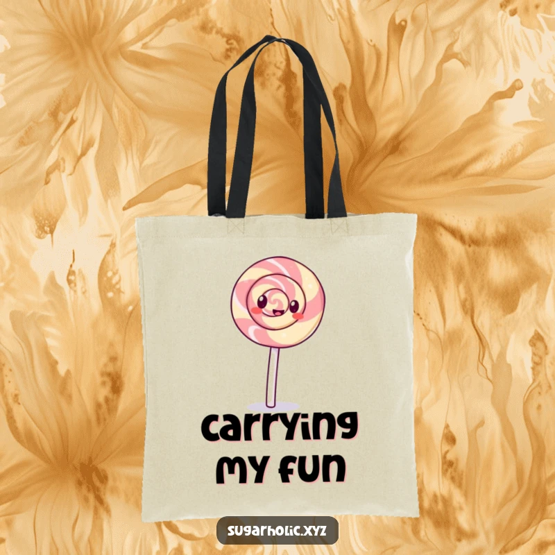 Funny giggling lollipop with a swirl pattern doing a cartwheel on a tote bag, perfect for a fun and whimsical carryall.
