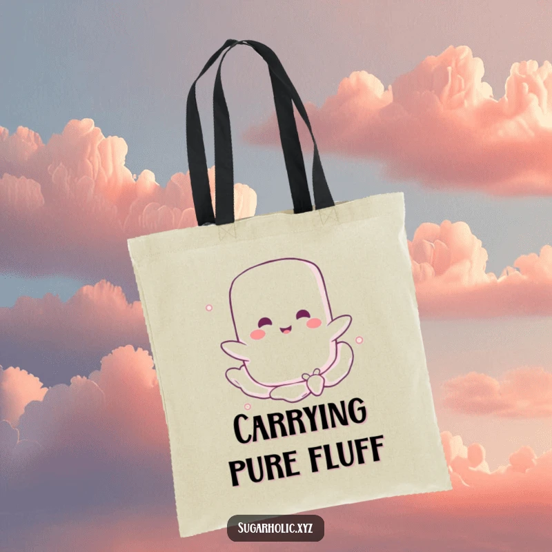 Funny tote bag depicting a cheerful marshmallow character blissfully floating on a sugary breeze, perfect for carrying treasures and spreading sweet vibes.