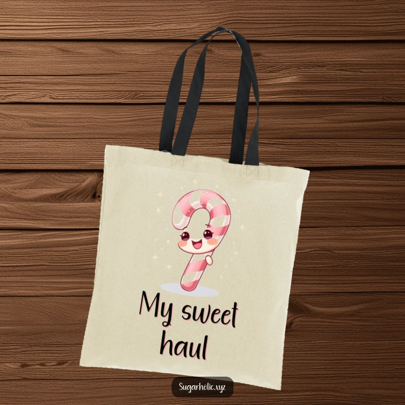 Funny tote bag with a cheerful candy cane showering itself with sparkling sugar, perfect for holiday errands.