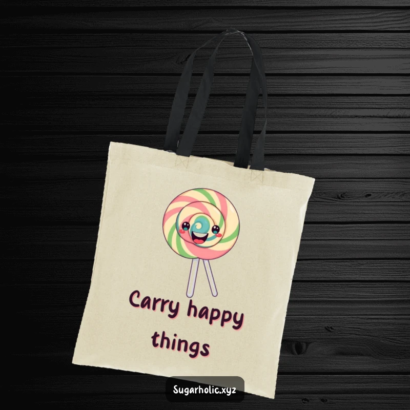 Funny Tote Bag: Features a happy lollipop with a swirling pattern spinning, making it a sweet and functional accessory.