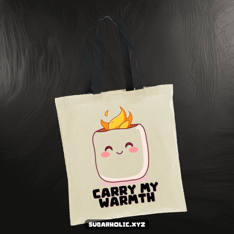 Funny Tote Bag: Features a cheerful marshmallow with a rosy blush being toasted, perfect for carrying essentials with cozy flair.